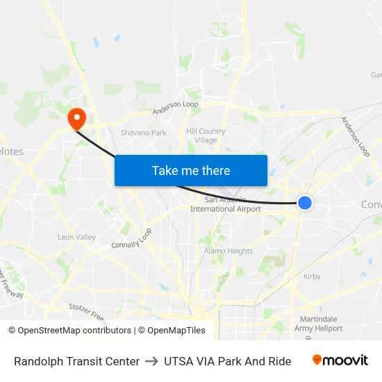 Randolph Transit Center to UTSA VIA Park And Ride map