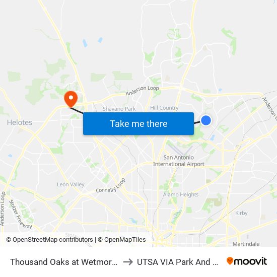 Thousand Oaks at Wetmore Es to UTSA VIA Park And Ride map