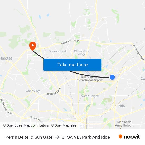 Perrin Beitel & Sun Gate to UTSA VIA Park And Ride map