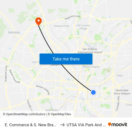 E. Commerce & S. New Braunfels to UTSA VIA Park And Ride map