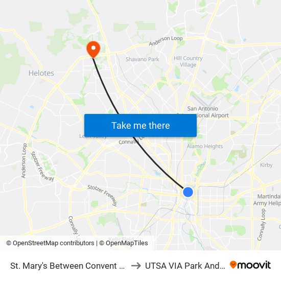 St. Mary's Between Convent & Mart to UTSA VIA Park And Ride map