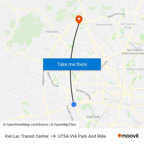 Kel-Lac Transit Center to UTSA VIA Park And Ride map