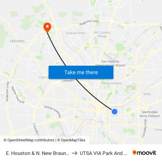 E. Houston & N. New Braunfels to UTSA VIA Park And Ride map