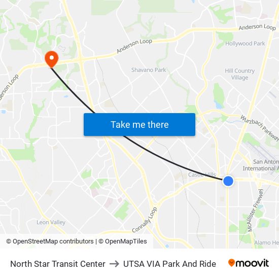 North Star Transit Center to UTSA VIA Park And Ride map