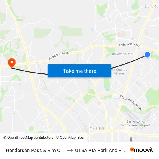 Henderson Pass & Rim Oak to UTSA VIA Park And Ride map