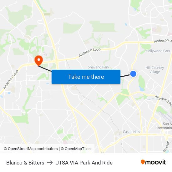 Blanco & Bitters to UTSA VIA Park And Ride map