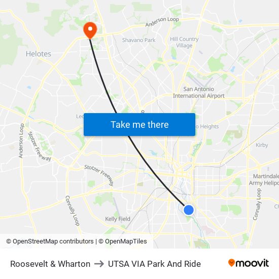 Roosevelt & Wharton to UTSA VIA Park And Ride map