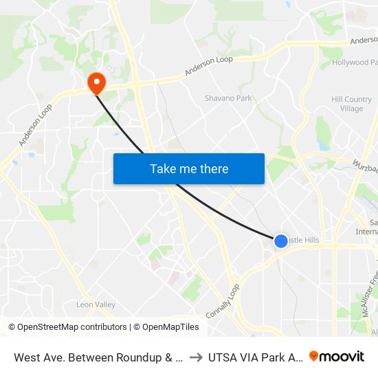 West Ave. Between Roundup & Castle Oaks to UTSA VIA Park And Ride map