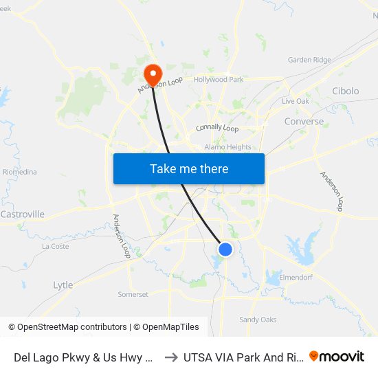 Del Lago Pkwy & Us Hwy 281 to UTSA VIA Park And Ride map