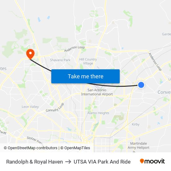 Randolph & Royal Haven to UTSA VIA Park And Ride map