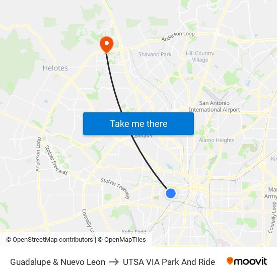 Guadalupe & Nuevo Leon to UTSA VIA Park And Ride map