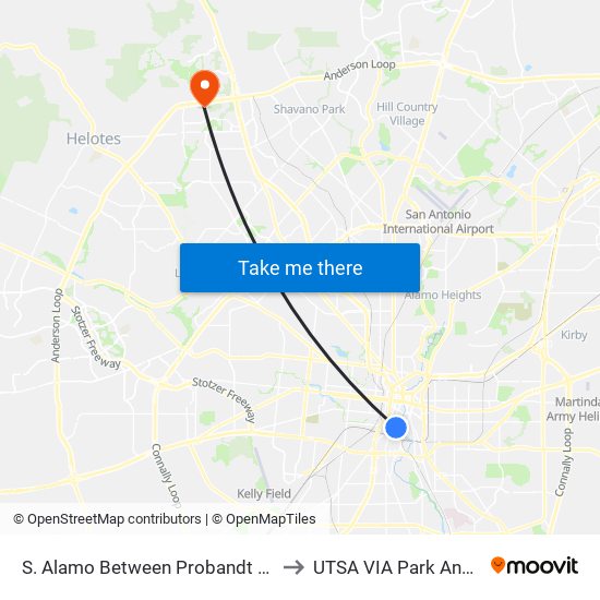 S. Alamo Between Probandt & S. MA to UTSA VIA Park And Ride map