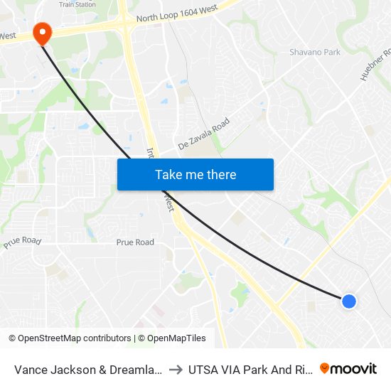 Vance Jackson & Dreamland to UTSA VIA Park And Ride map