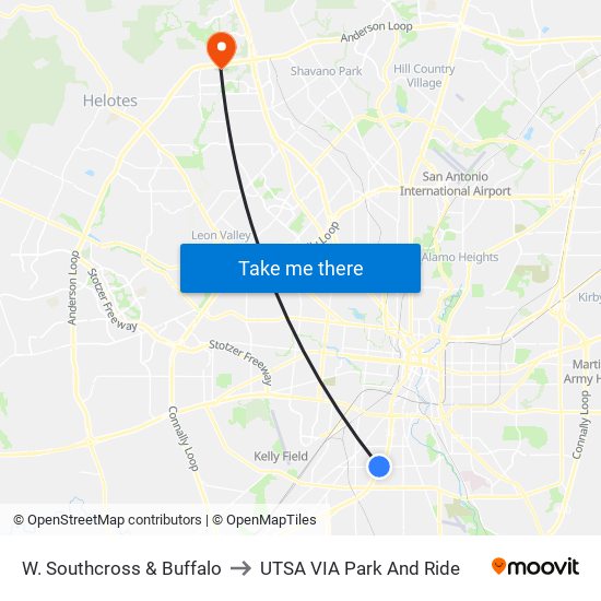 W. Southcross & Buffalo to UTSA VIA Park And Ride map