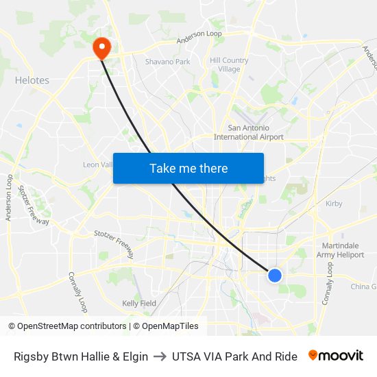 Rigsby Btwn Hallie & Elgin to UTSA VIA Park And Ride map