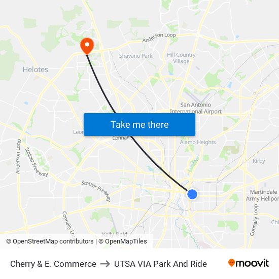 Cherry & E. Commerce to UTSA VIA Park And Ride map