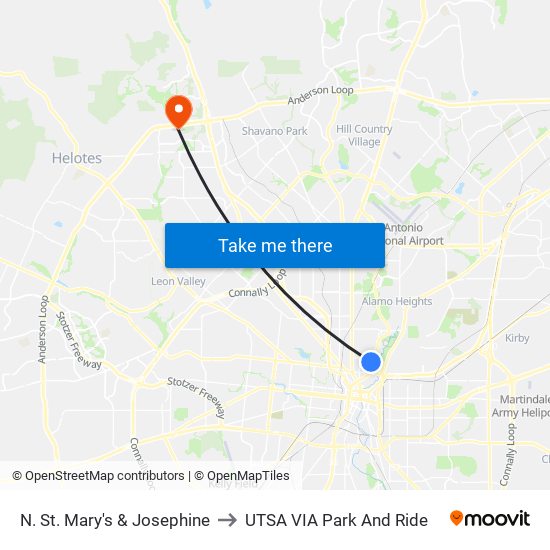 N. St. Mary's & Josephine to UTSA VIA Park And Ride map