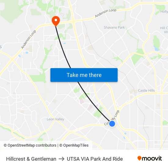 Hillcrest & Gentleman to UTSA VIA Park And Ride map