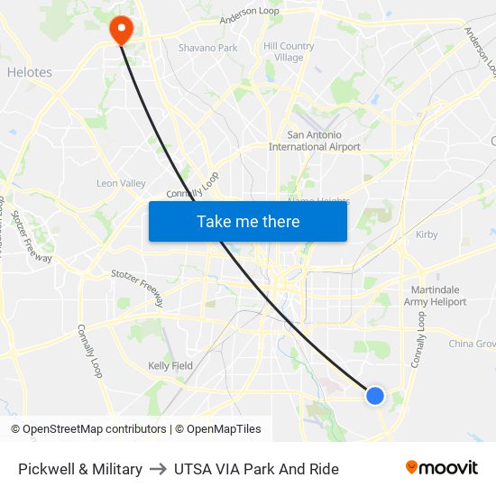Pickwell & Military to UTSA VIA Park And Ride map