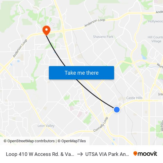 Loop 410 W Access Rd. & Vance Jac to UTSA VIA Park And Ride map