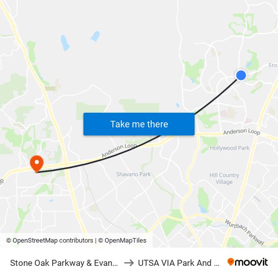 Stone Oak Parkway & Evans Rd to UTSA VIA Park And Ride map