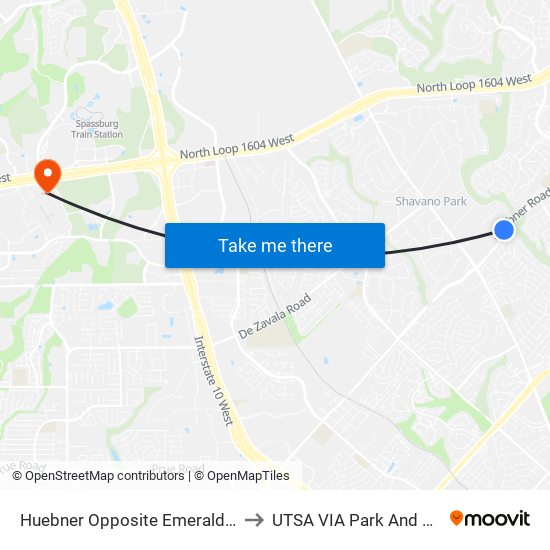 Huebner Opposite Emerald Hill to UTSA VIA Park And Ride map