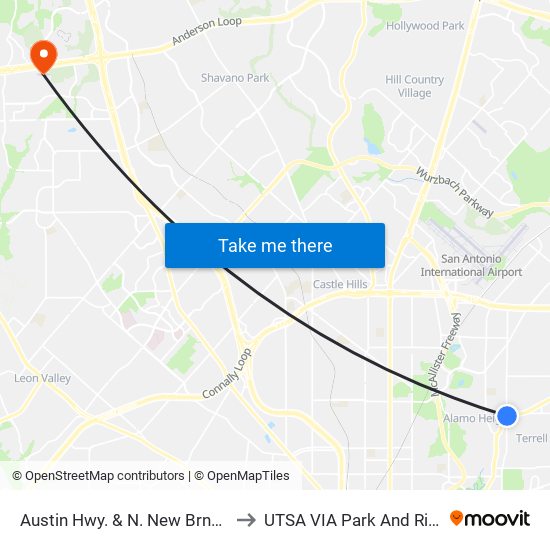 Austin Hwy. & N. New Brnfls. to UTSA VIA Park And Ride map