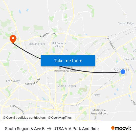 South Seguin & Ave B to UTSA VIA Park And Ride map