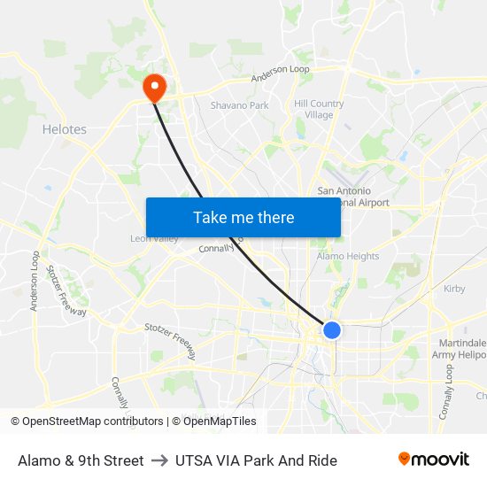 Alamo & 9th Street to UTSA VIA Park And Ride map