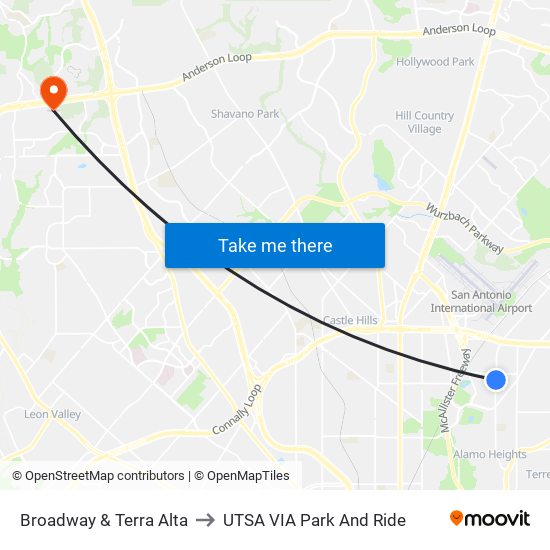 Broadway & Terra Alta to UTSA VIA Park And Ride map