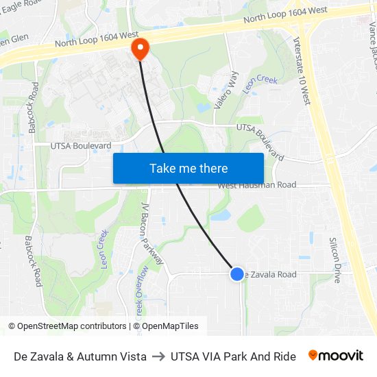 De Zavala & Autumn Vista to UTSA VIA Park And Ride map