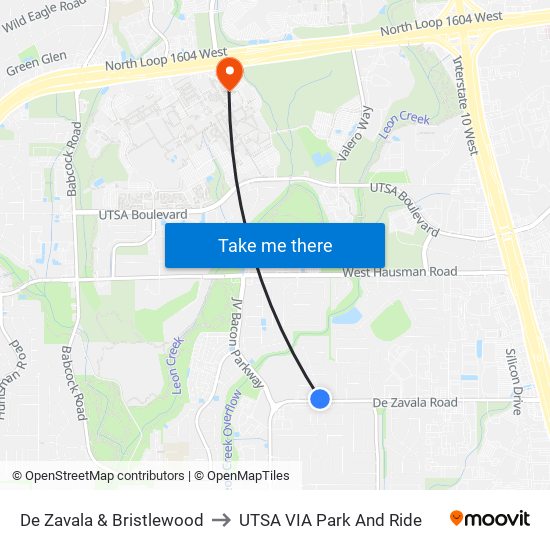 De Zavala & Bristlewood to UTSA VIA Park And Ride map