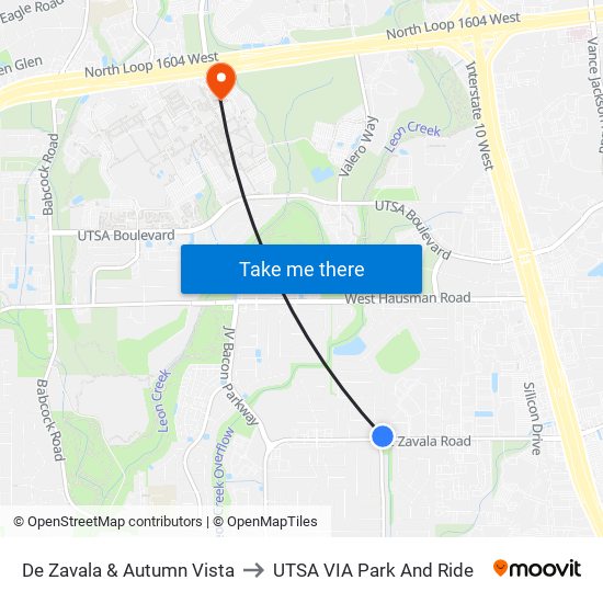 De Zavala & Autumn Vista to UTSA VIA Park And Ride map