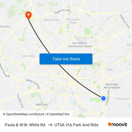 Paula & W.W. White Rd. to UTSA VIA Park And Ride map