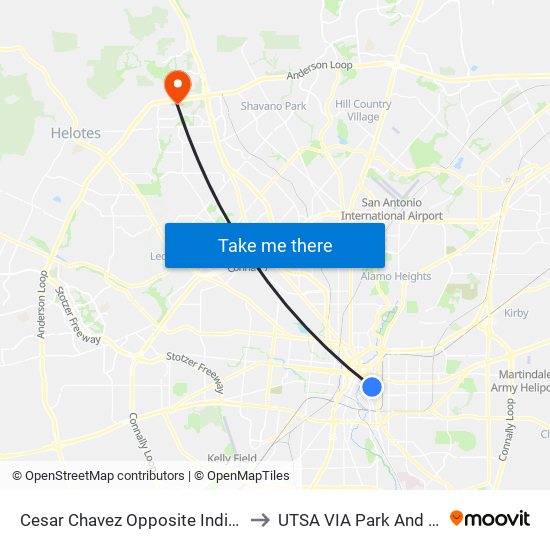 Cesar Chavez Opposite Indianola to UTSA VIA Park And Ride map