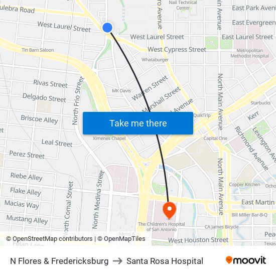 N Flores & Fredericksburg to Santa Rosa Hospital map