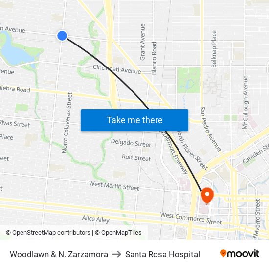 Woodlawn & N. Zarzamora to Santa Rosa Hospital map