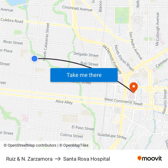 Ruiz & N. Zarzamora to Santa Rosa Hospital map