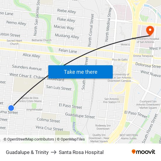 Guadalupe & Trinity to Santa Rosa Hospital map