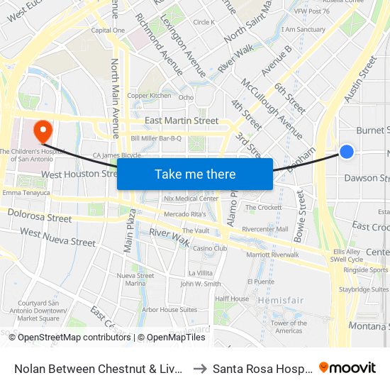 Nolan Between Chestnut & Liveoak to Santa Rosa Hospital map