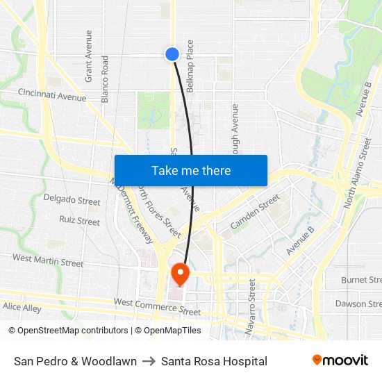 San Pedro & Woodlawn to Santa Rosa Hospital map