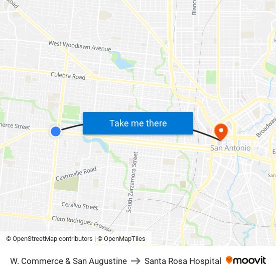 W. Commerce & San Augustine to Santa Rosa Hospital map