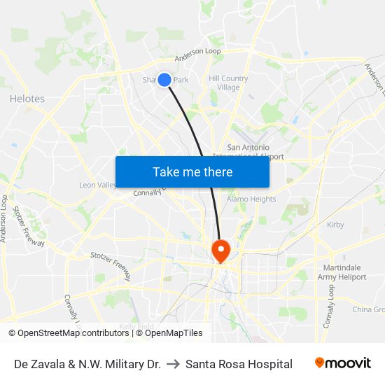 De Zavala & N.W. Military Dr. to Santa Rosa Hospital map