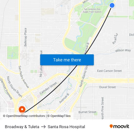 Broadway & Tuleta to Santa Rosa Hospital map