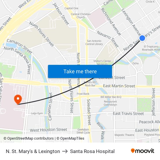 N. St. Mary's & Lexington to Santa Rosa Hospital map