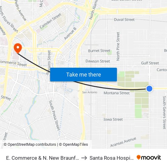 E. Commerce & N. New Braunfels to Santa Rosa Hospital map