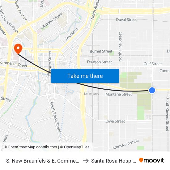 S. New Braunfels & E. Commerce to Santa Rosa Hospital map