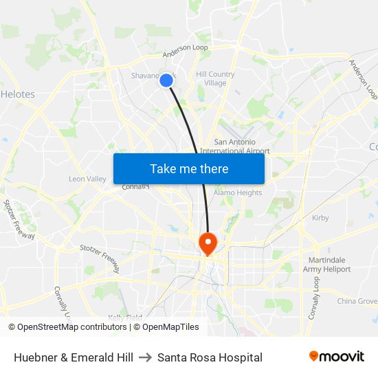 Huebner & Emerald Hill to Santa Rosa Hospital map