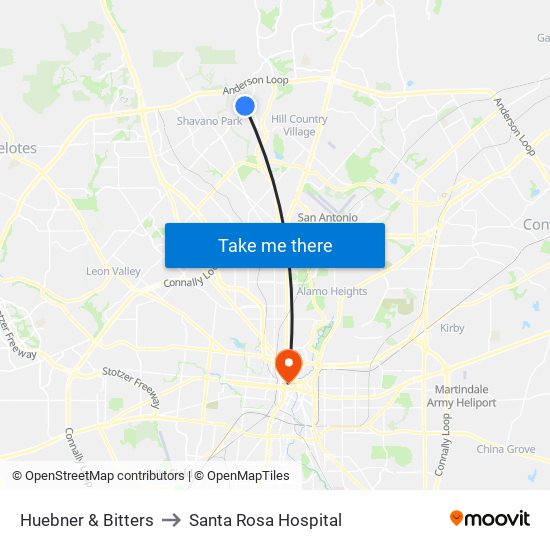 Huebner & Bitters to Santa Rosa Hospital map