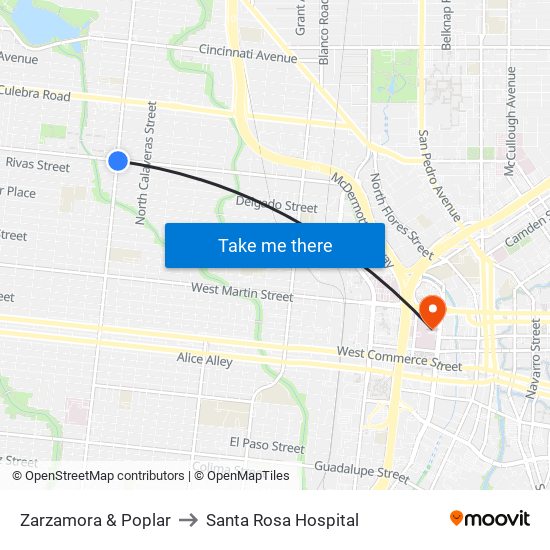 Zarzamora & Poplar to Santa Rosa Hospital map